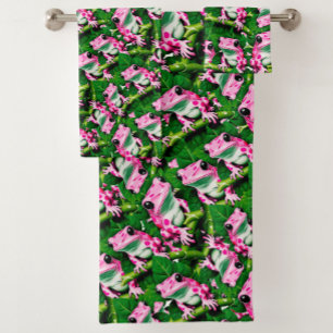 Pink Frog On Green Leaf Pattern Design Bath Towel Set
