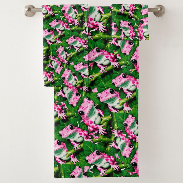 Pink Frog On Green Leaf Pattern Design  Bath Towel Set (Creator Uploaded)
