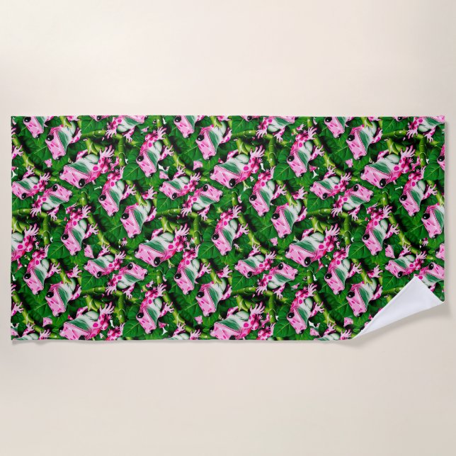 Pink Frog On Green Leaf Pattern Design  Beach Towel (Front)