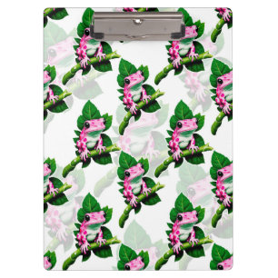 Pink Frog On Green Leaf Pattern Design Clipboard