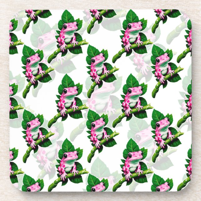 Pink Frog On Green Leaf Pattern Design Coaster (Front)