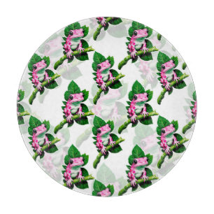 Pink Frog On Green Leaf Pattern Design Cutting Board