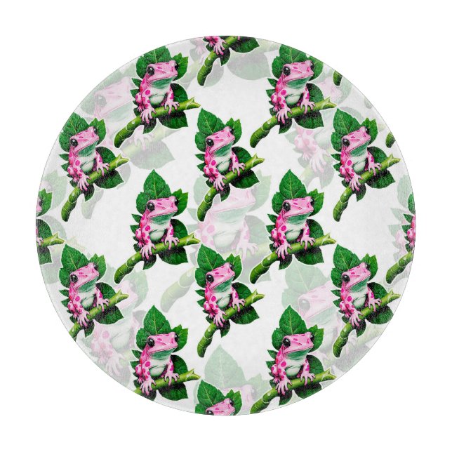 Pink Frog On Green Leaf Pattern Design Cutting Board (Front)