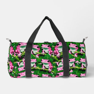 Pink Frog On Green Leaf Pattern Design Duffle Bag