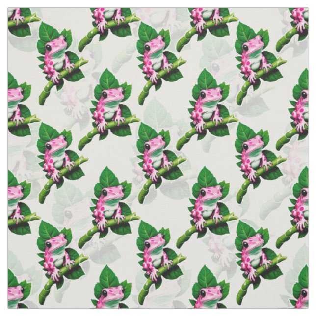 Pink Frog On Green Leaf Pattern Design Fabric (Swatch)