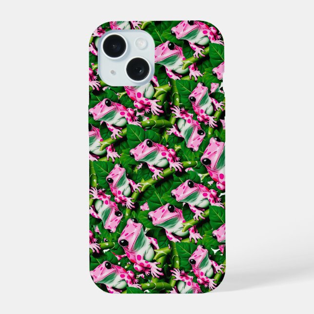 Pink Frog On Green Leaf Pattern Design  iPhone 15 Case (Back)