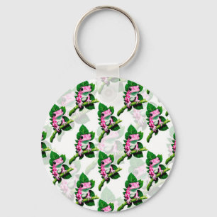 Pink Frog On Green Leaf Pattern Design Key Ring