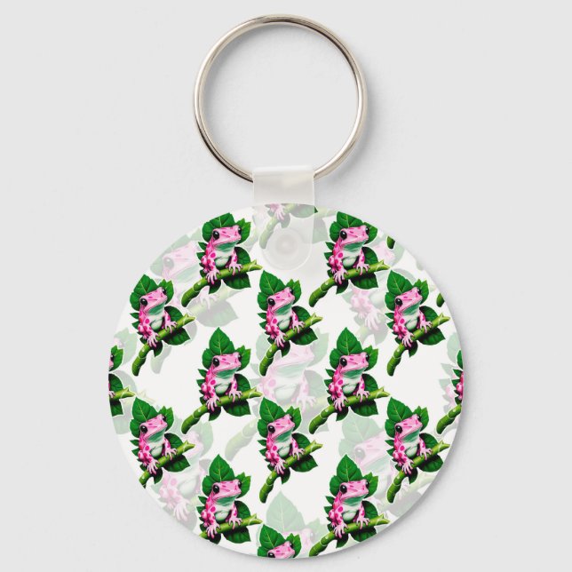 Pink Frog On Green Leaf Pattern Design Key Ring (Front)