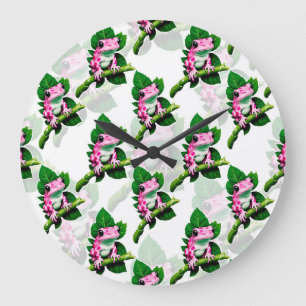 Pink Frog On Green Leaf Pattern Design Large Clock