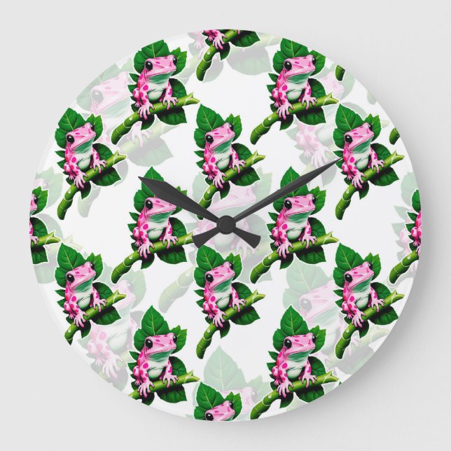 Pink Frog On Green Leaf Pattern Design Large Clock (Front)