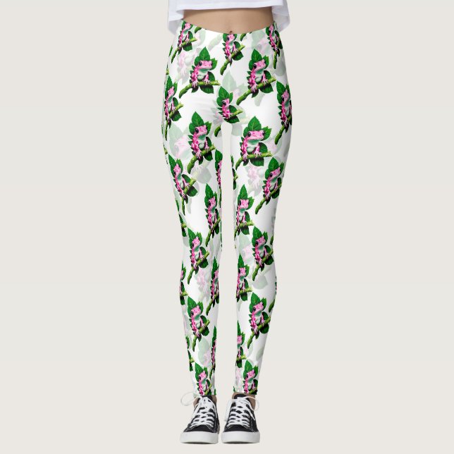 Pink Frog On Green Leaf Pattern Design Leggings (Front)