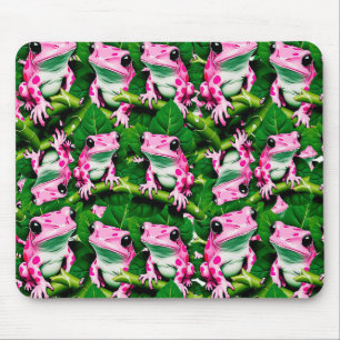 Pink Frog On Green Leaf Pattern Design Mouse Mat