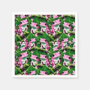 Pink Frog On Green Leaf Pattern Design Napkin
