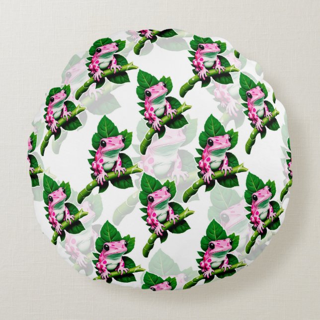 Pink Frog On Green Leaf Pattern Design Round Cushion (Front)