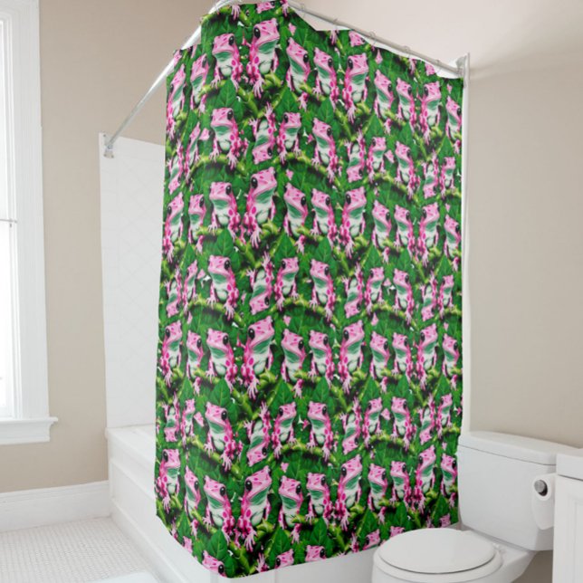 Pink Frog On Green Leaf Pattern Design  Shower Curtain (Creator Uploaded)