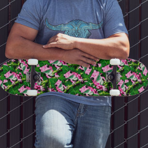 Pink Frog On Green Leaf Pattern Design Skateboard