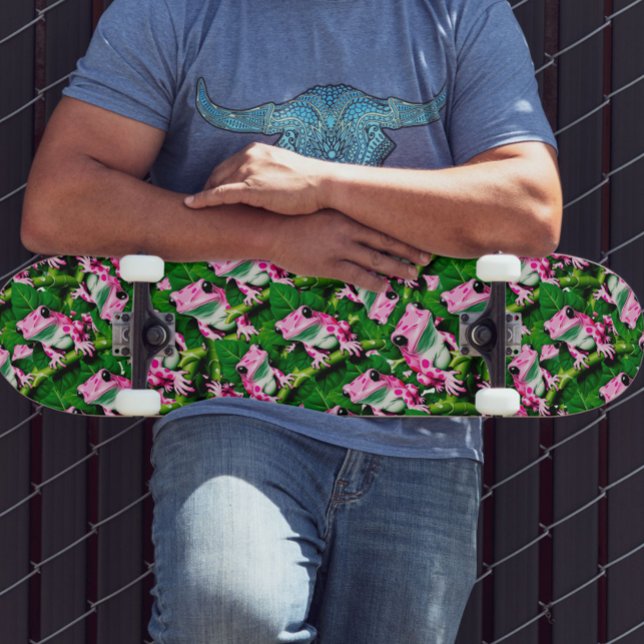 Pink Frog On Green Leaf Pattern Design  Skateboard (Creator Uploaded)