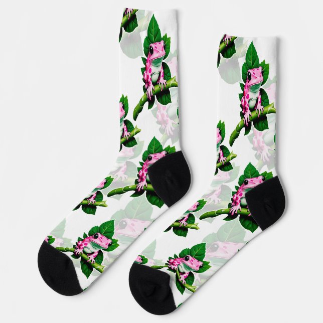 Pink Frog On Green Leaf Pattern Design Socks (Left)