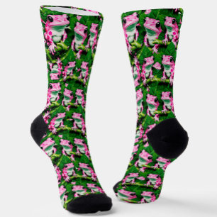 Pink Frog On Green Leaf Pattern Design  Socks
