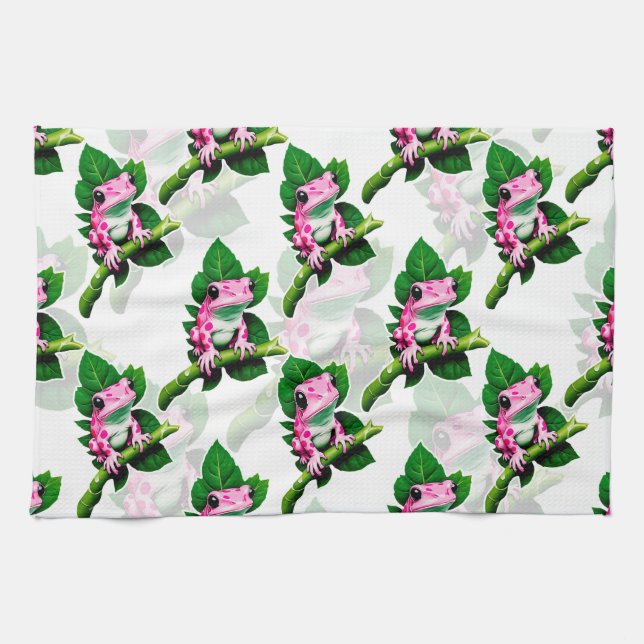 Pink Frog On Green Leaf Pattern Design Tea Towel (Horizontal)