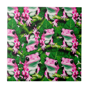 Pink Frog On Green Leaf Pattern Design Tile