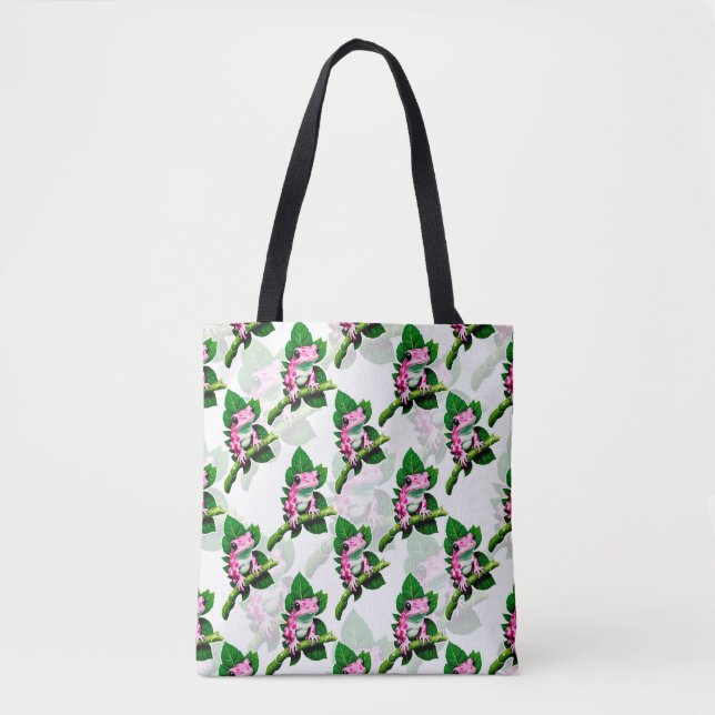 Pink Frog On Green Leaf Pattern Design Tote Bag (Front)