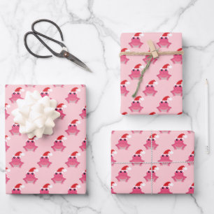 Pink Frog Santa Hat Cartoon Novelty Christmas Wrapping Paper Sheet