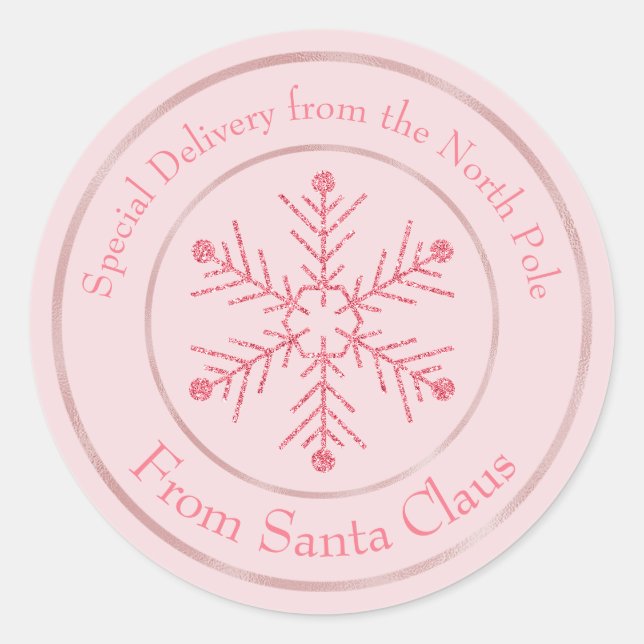 Pink From Santa Claus Glitter Snowflake Classic Round Sticker (Front)