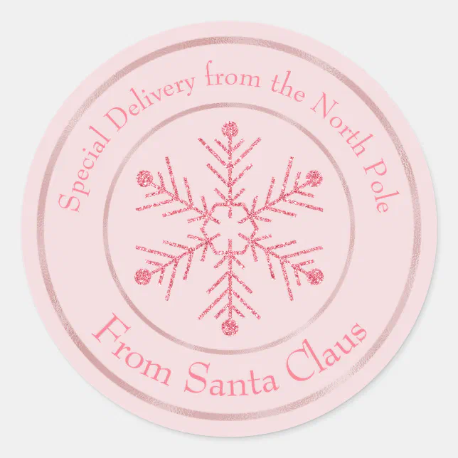 Pink From Santa Claus Glitter Snowflake Classic Round Sticker | Zazzle