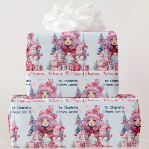 Pink From Santa Girl's Name Snowman Christmas Wrapping Paper