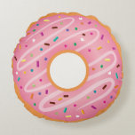 Pink Frosted and Chocolate Doughnut with Sprinkles Round Cushion<br><div class="desc">A cute fun vector illustration of a doughnut with pink glaze frosting, a rainbow of sprinkles and a drizzle of white frosting across the top. The other side is a chocolate glazed doughnut with colourful sprinkles. This novelty pillow is great for teens or for girl's room. To personalise, click on...</div>