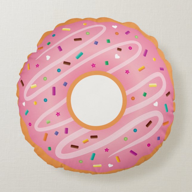 Pink Frosted and Chocolate Doughnut with Sprinkles Round Cushion (Front)
