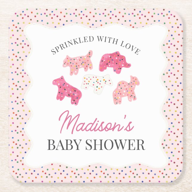 Pink Frosted Animal Cookies Baby Shower Square Paper Coaster (Front)