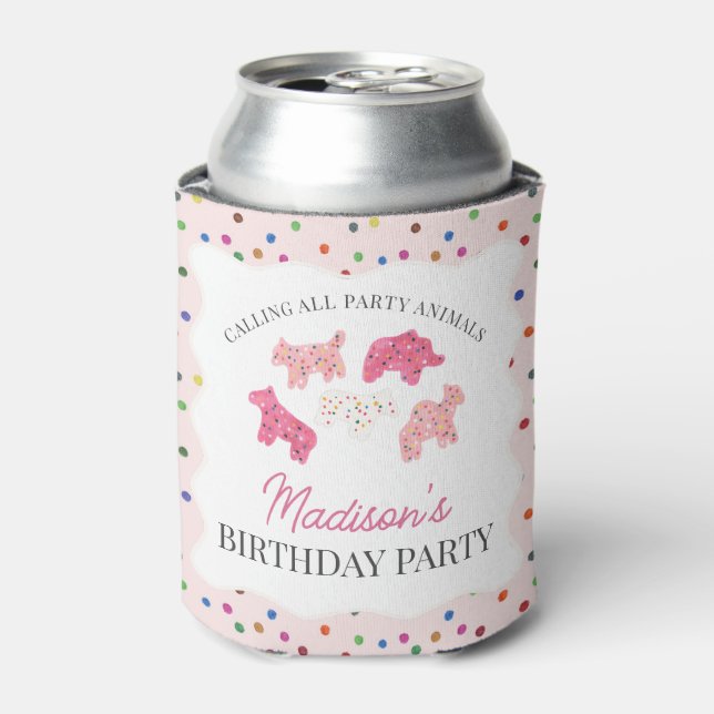 Pink Frosted Animal Cookies Birthday Party Can Cooler (Can Front)