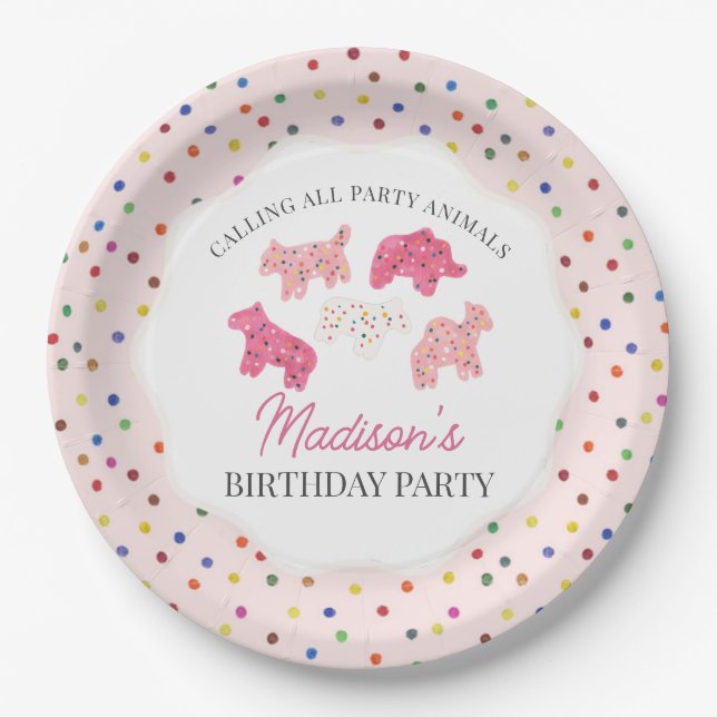 Pink Frosted Animal Cookies Birthday Party Paper Plate (Front)