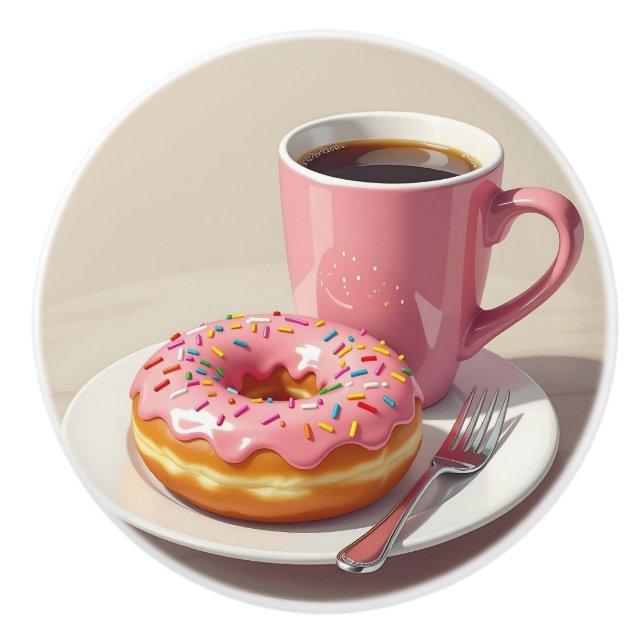 Pink Frosted Donut and Coffee Cup Ceramic Knob (Front)