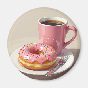 Pink Frosted Donut and Coffee  Magnet