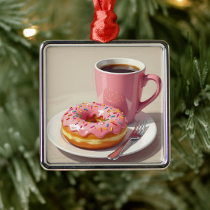 Pink Frosted Doughnut and Coffee Christmas Metal Tree Decoration