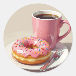 Pink Frosted Doughnut and Coffee  Classic Round Sticker