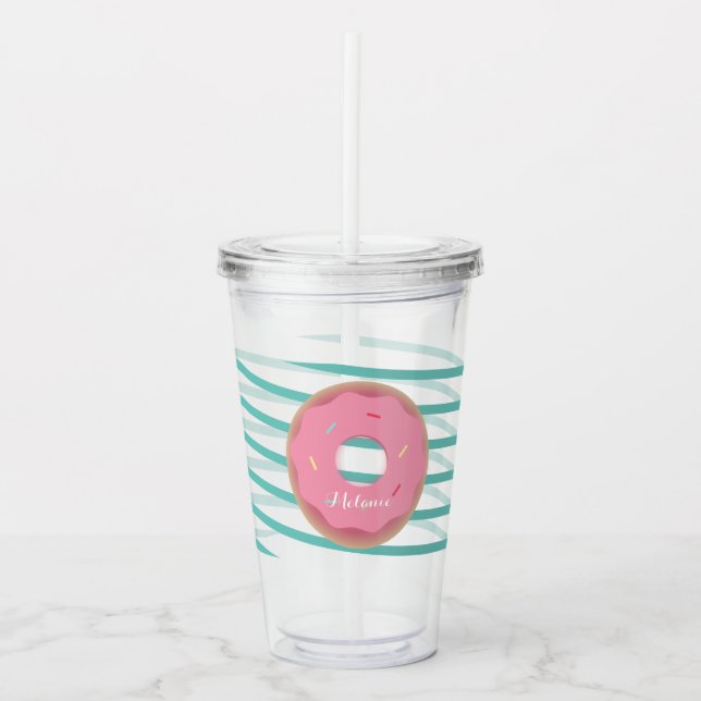 Pink Frosted Doughnut Ribbon Stripes Monogram Acrylic Tumbler (Front)