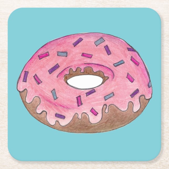 Pink Frosted Doughnut Sprinkles Doughnut Junk Food Square Paper Coaster (Front)