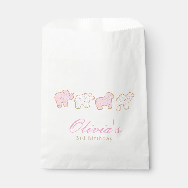 Pink Frosted sprinkle Animal Cookie birthday guest Favour Bags (Front)