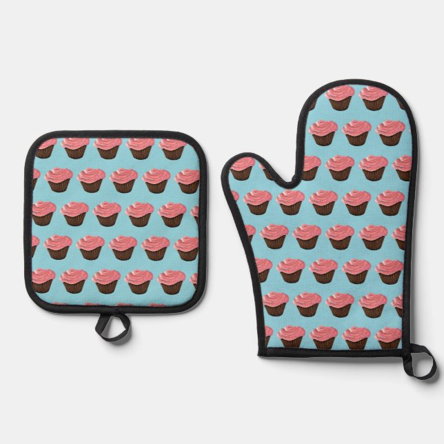 Pink Frosting Cupcake  Oven Mitt & Pot Holder Set (Front)