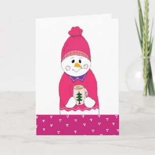 Pink Frosty Snowman with Hot Chocolate Holiday Card