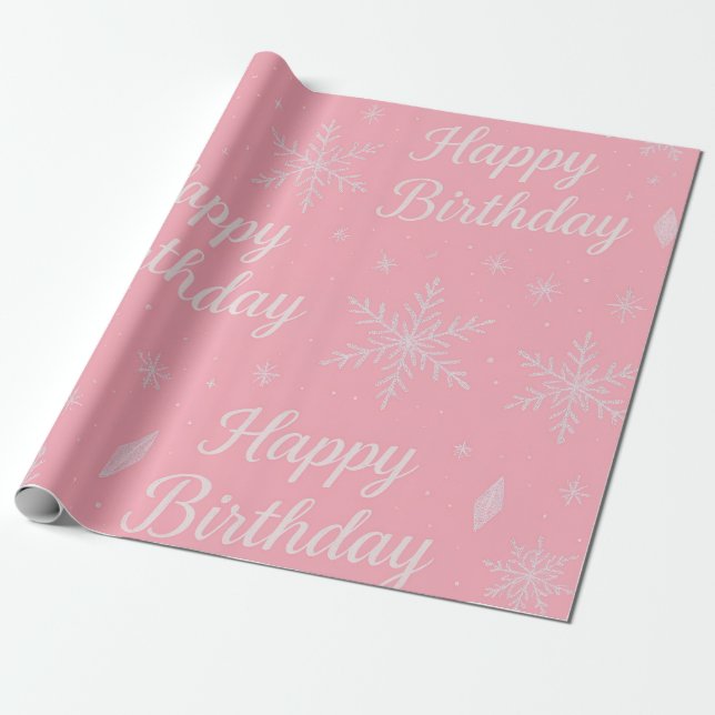 Pink Frozen snowflake Birthday Wrapping Paper (Unrolled)