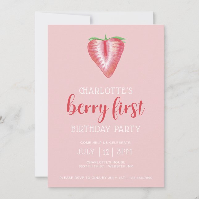 Pink Fruit Berry First Birthday Invitation (Front)