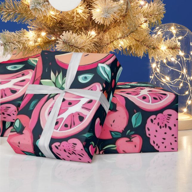 Pink fruits black decor wrapping paper (Holidays)