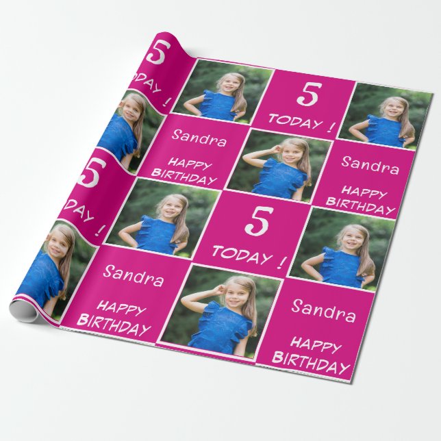 Pink Fuchsia 2 Photo Custom Happy Birthday Girl Wrapping Paper (Unrolled)