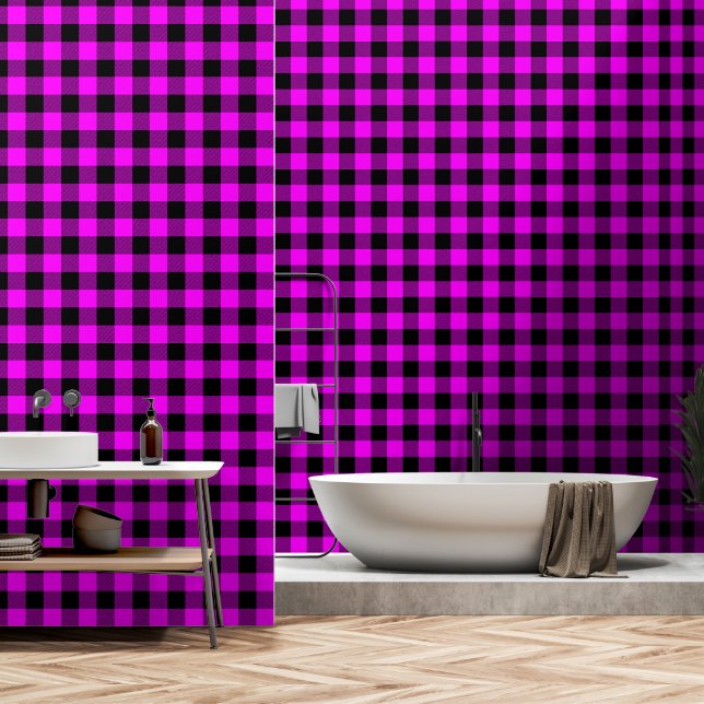 Pink Fuchsia Black 3 Inch Lumberjack Buffalo Plaid Wallpaper (Bathroom)
