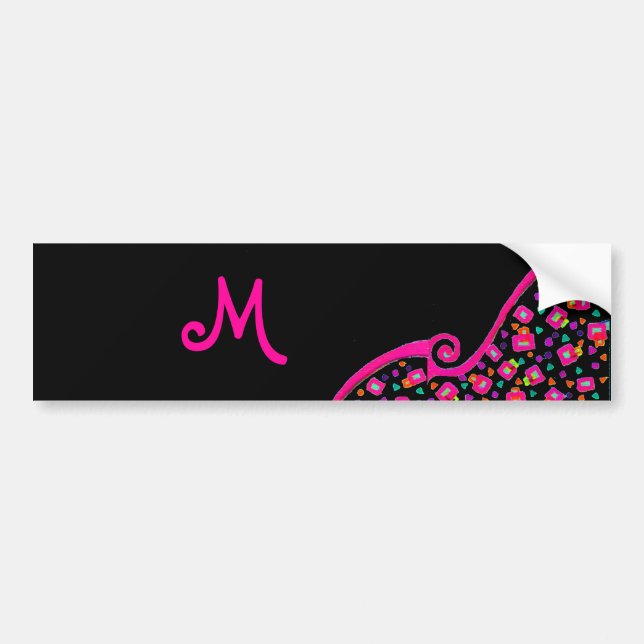 PINK FUCHSIA BLACK ABSTRACT DECO MONOGRAM BUMPER STICKER (Front)